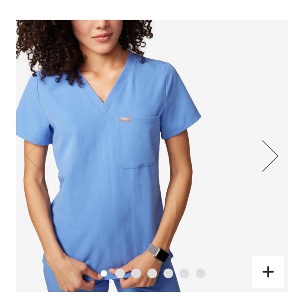 Women’s Figs heather indigo scrub top and bottom.